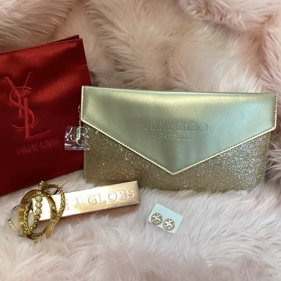 YSL & Jimmy Choo pouches and Jeffrey Star lip gloss 3 piece bracelets & earrings - Picture 8 of 11